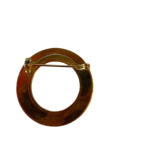 Vintage Gold-Tone Round Brooch With Geometric Etched Design - Picture 2 of 6